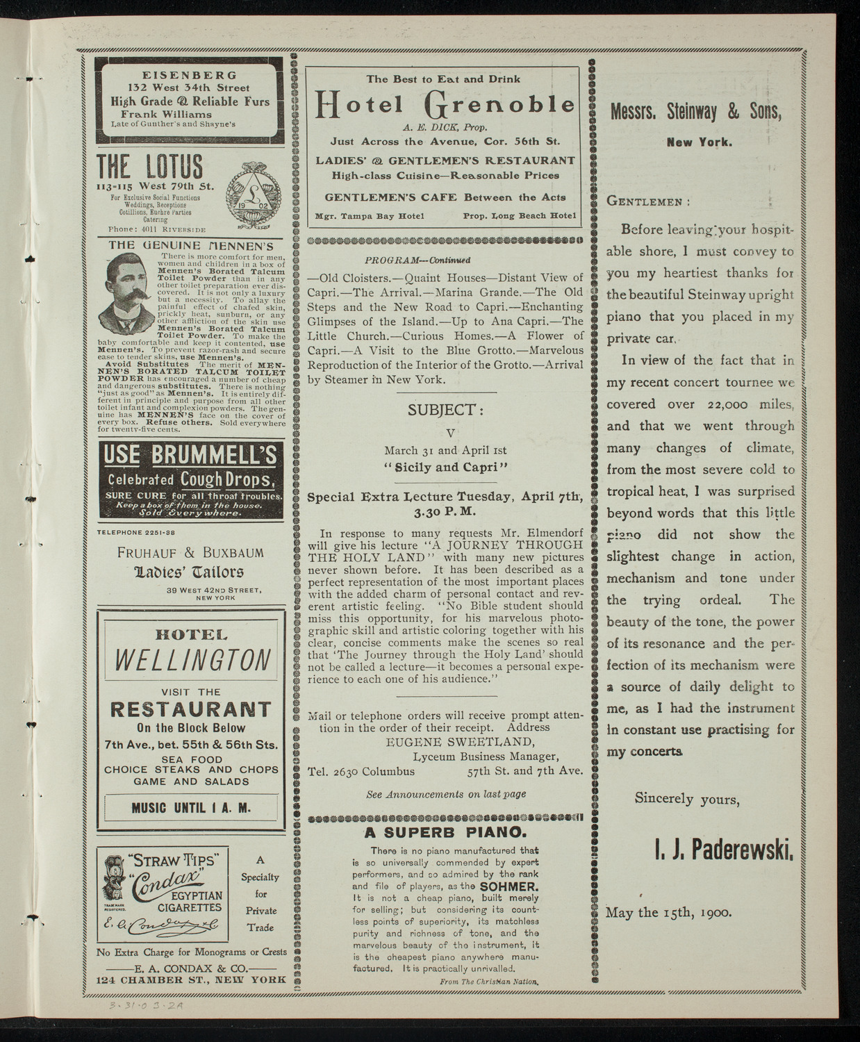 Elmendorf Lecture: Sicily and Capri, March 31, 1903, program page 3