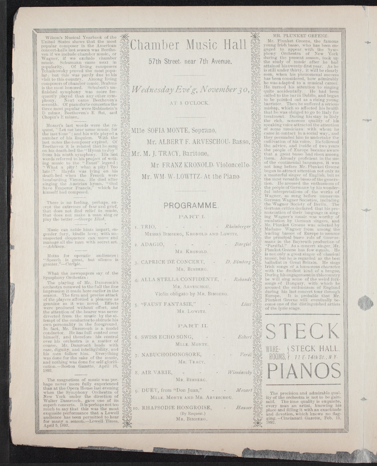 David Bimberg and Others, November 30, 1892, program page 2