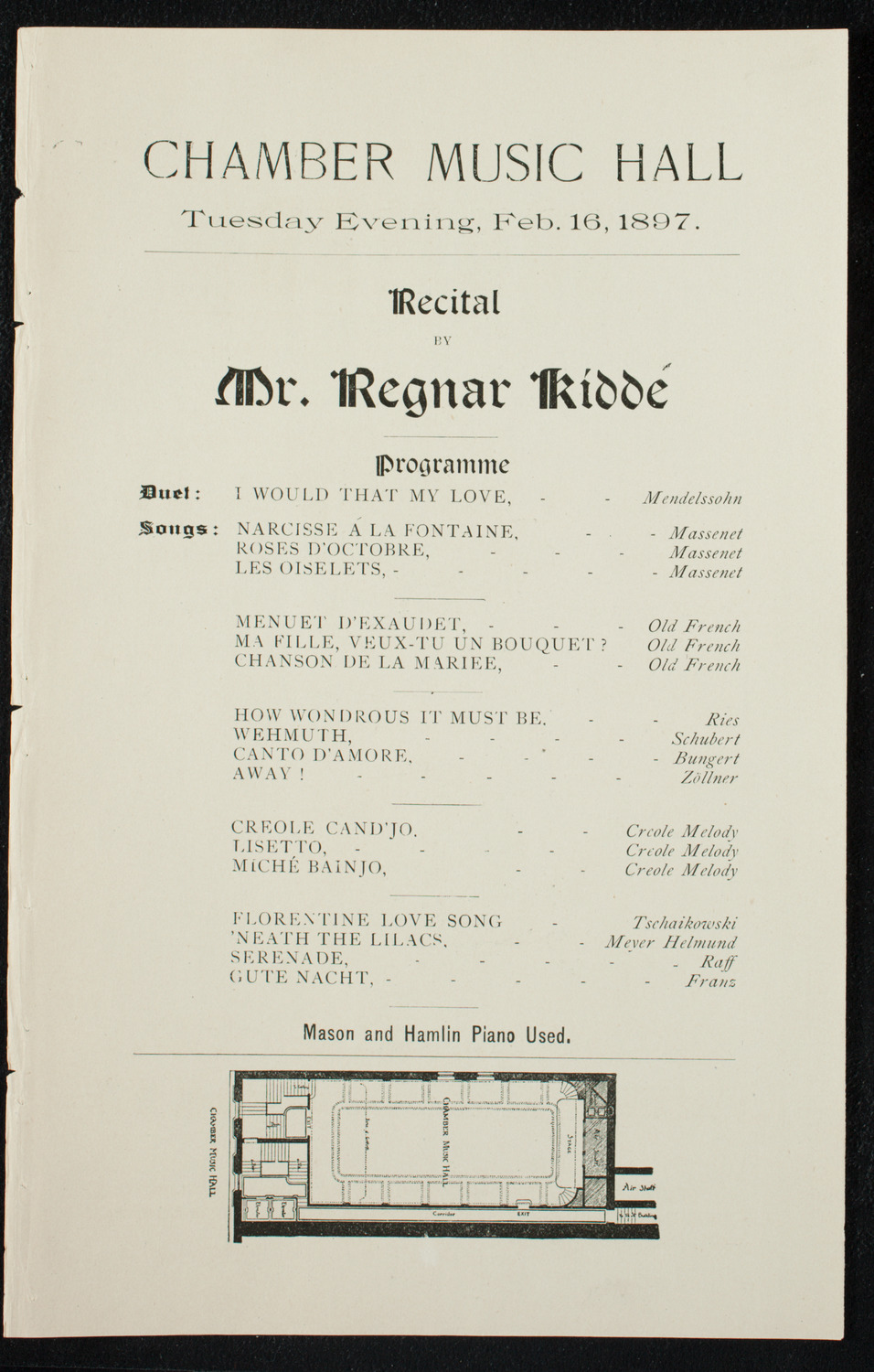 Regnar Kidde, February 16, 1897, program page 1