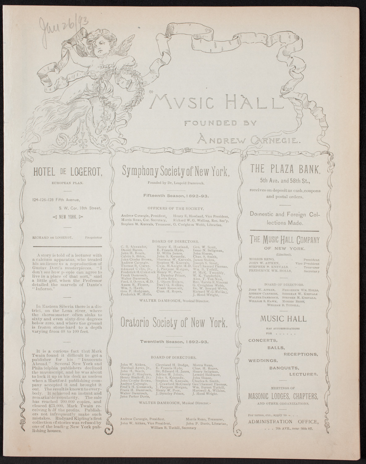Lecture by Russell H. Cromwell, January 26, 1893, program page 1