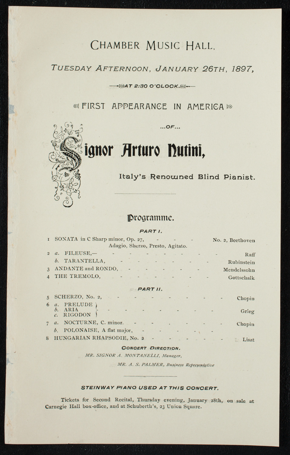 Arturo Nutini "Italy's Renowned Blind Pianist", January 26, 1897, program page 1