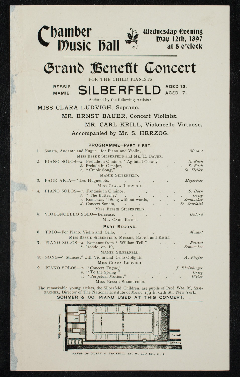 Grand Benefit Concert for the Child Pianists Bessie and Mamie Silberfeld, May 12, 1897, program page 1