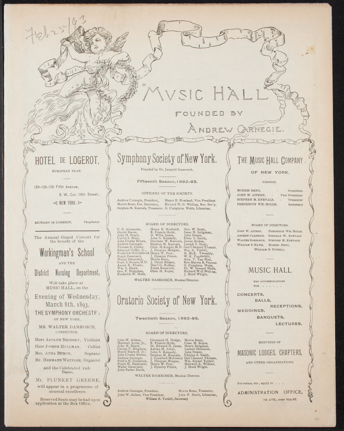 Grand Wagner Concert to Benefit the Orthopaedic Dispensary and Hospital, February 25, 1893, program page 1