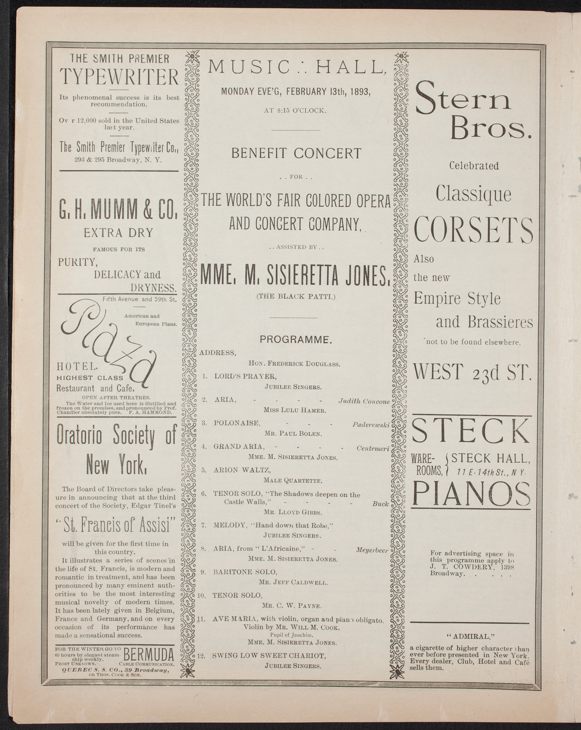 Benefit: World's Fair Colored Opera Company, February 13, 1893, program page 4