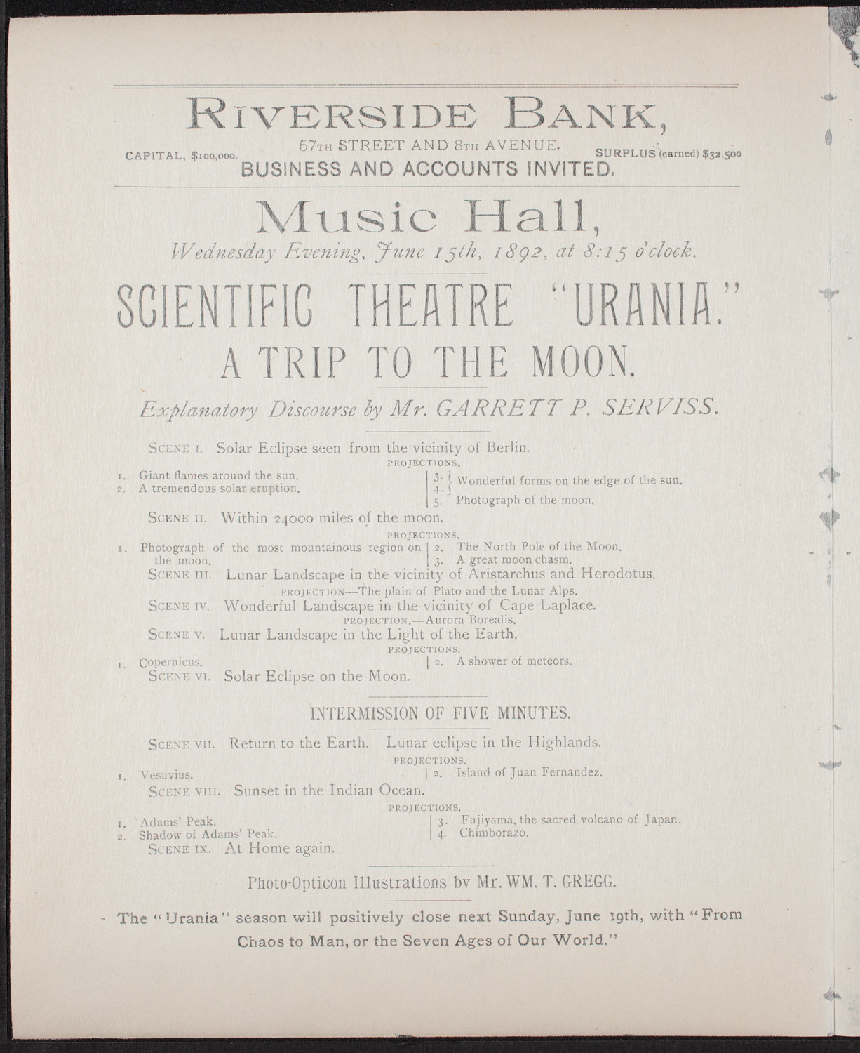 Urania Scientific Theatre, June 15, 1892, program page 2