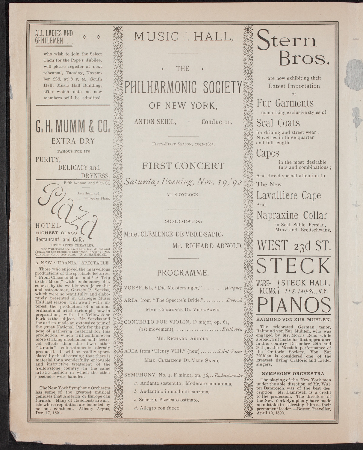 New York Philharmonic, November 19, 1892, program page 4
