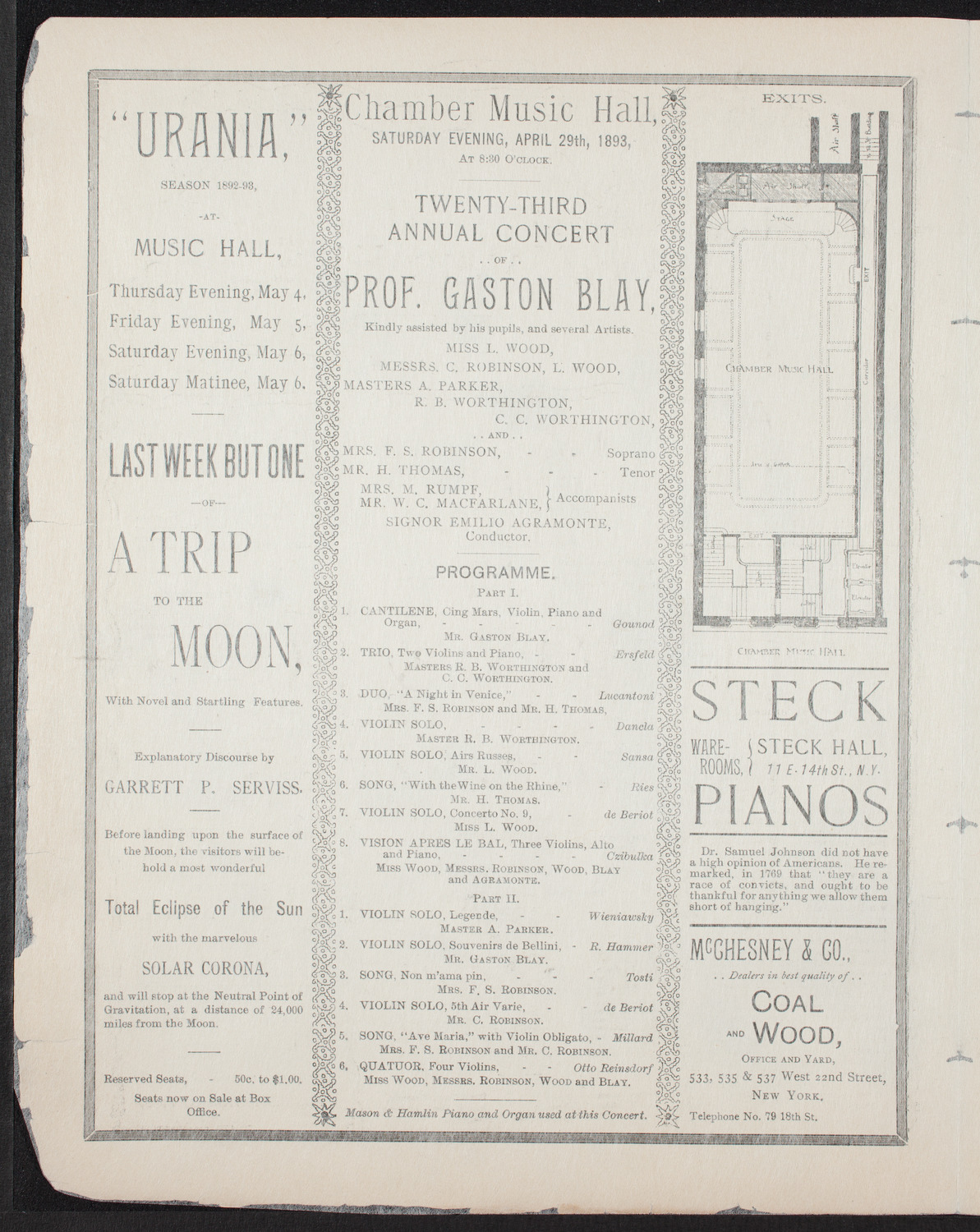 Gaston Blay and Others, April 29, 1893, program page 2