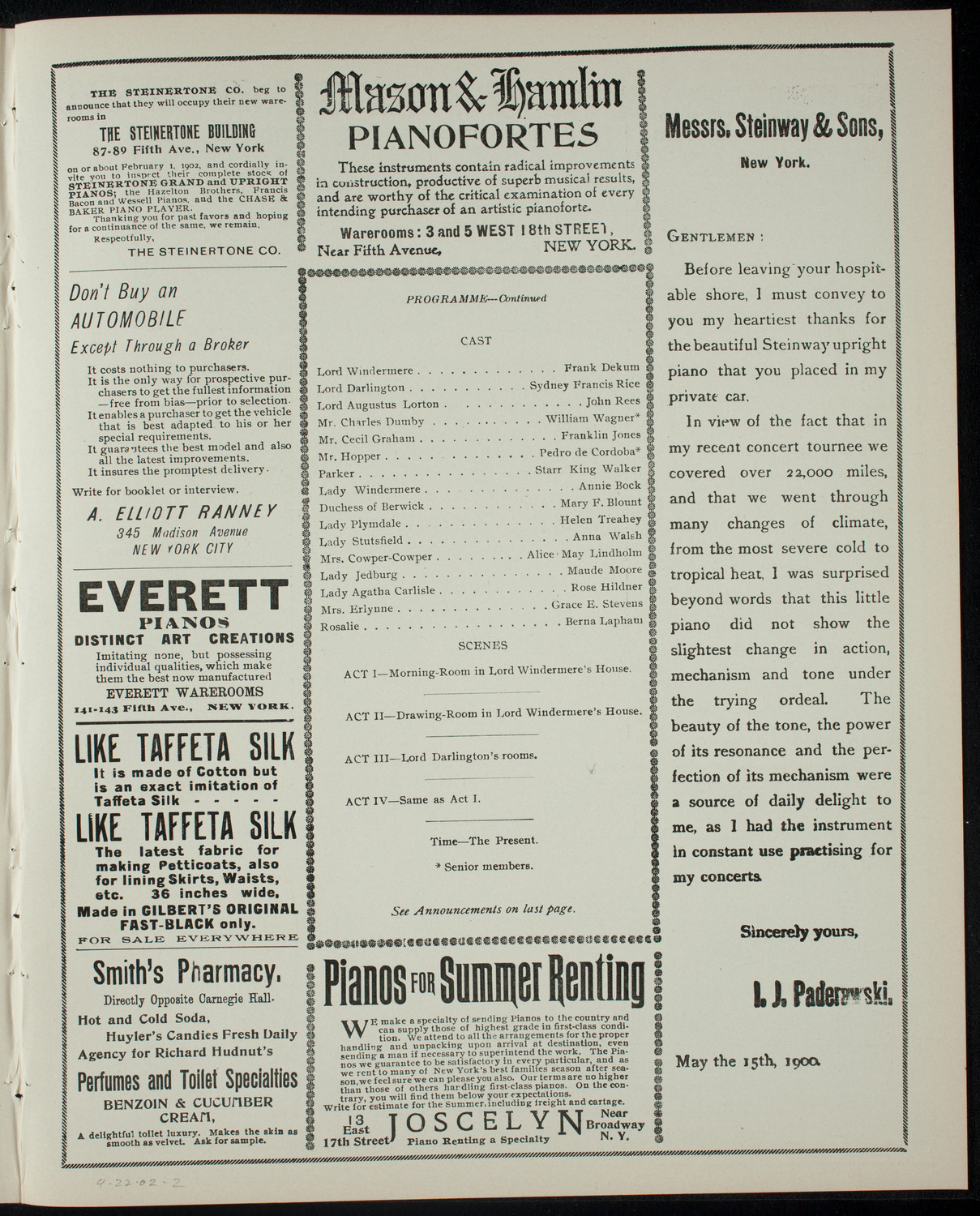 American Academy of the Dramatic Arts Private Dress Rehearsal, April 22, 1902, program page 3