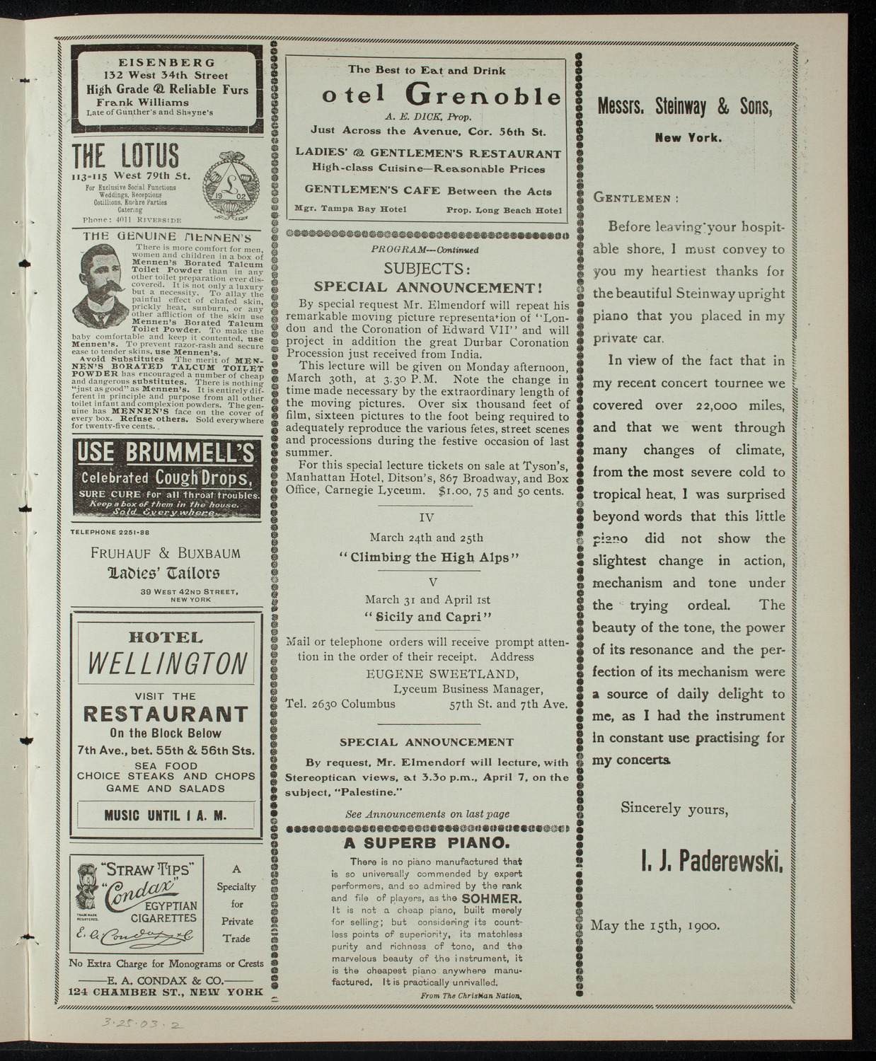 Elmendorf Lecture: Climbing the High Alps, March 25, 1903, program page 3