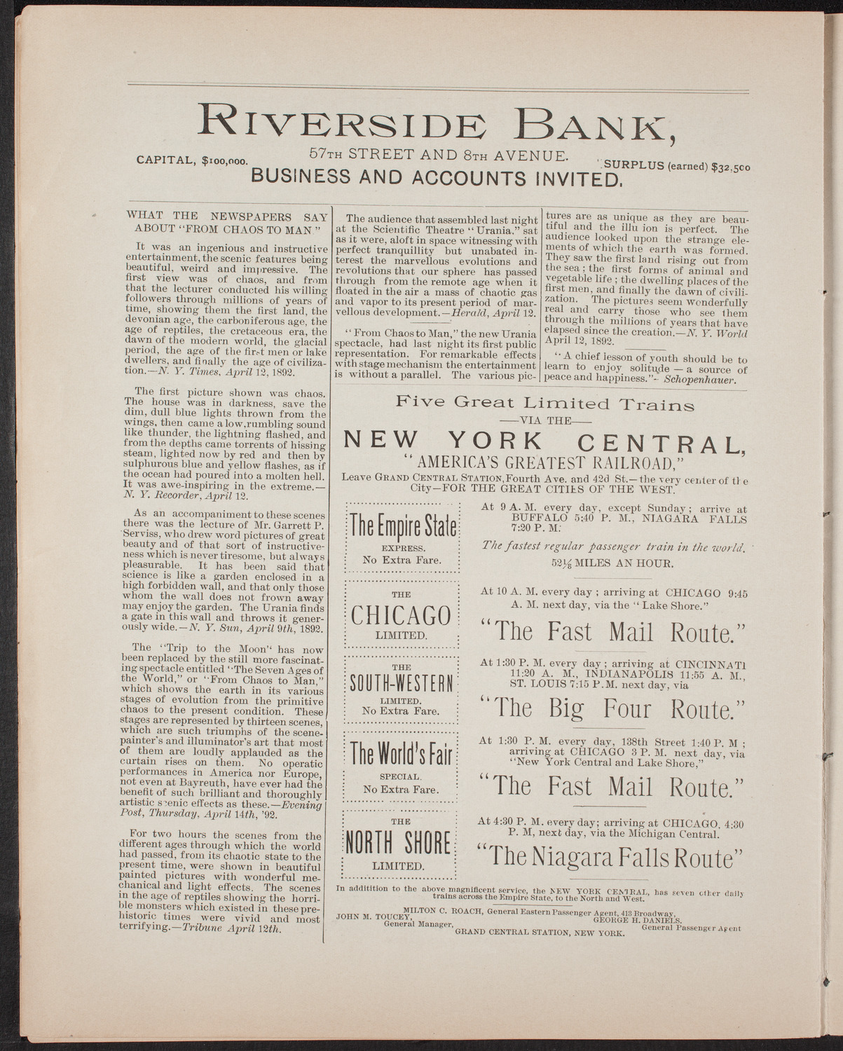 Urania Scientific Theatre, April 27, 1892, program page 8