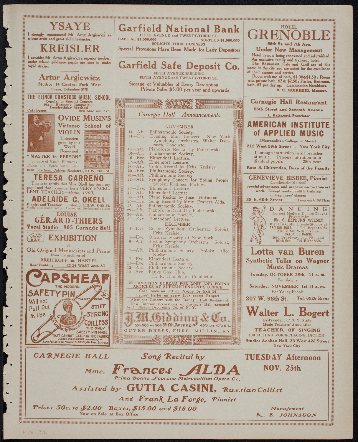New York Philharmonic, November 13, 1913, program page 3