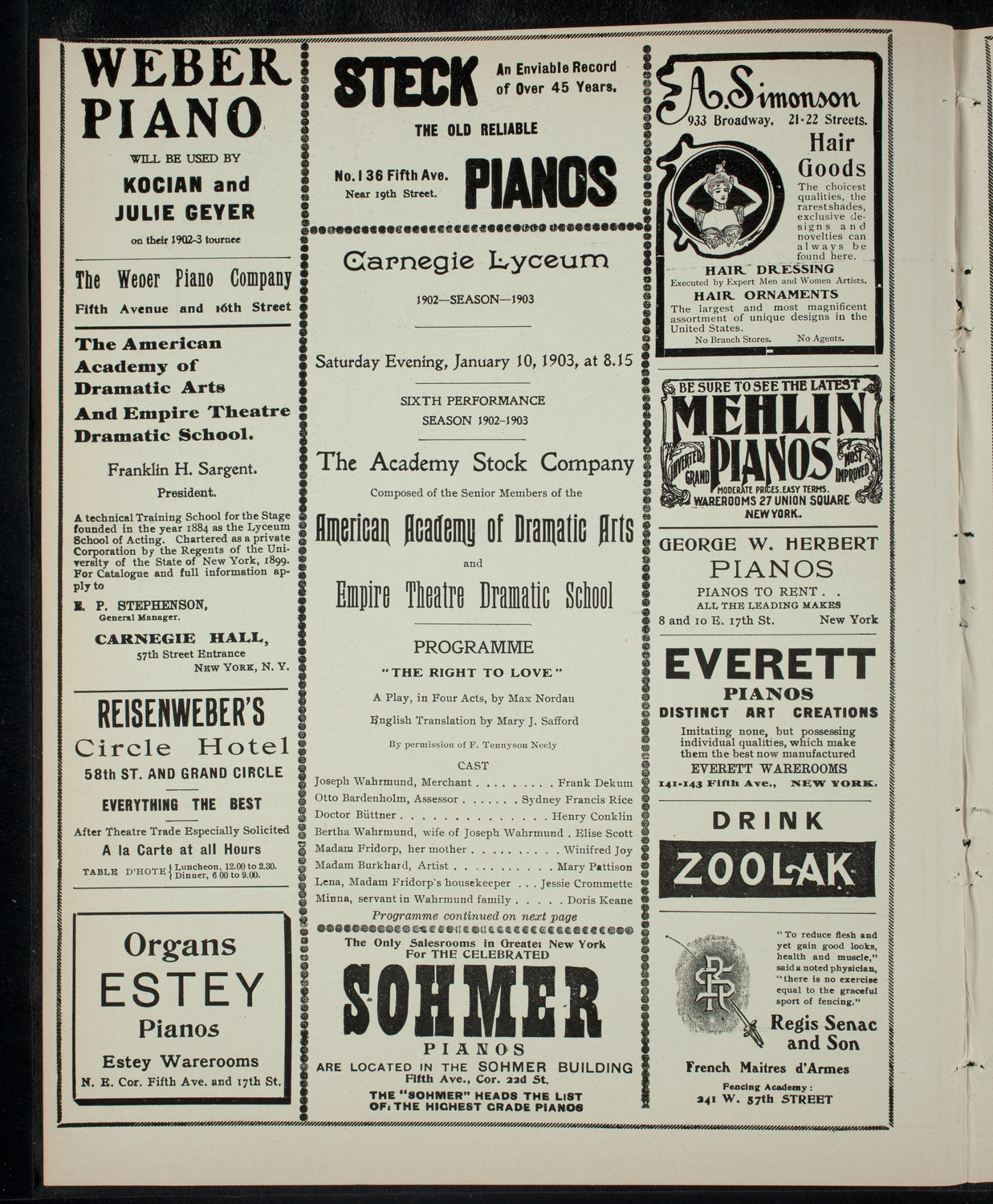 Academy Stock Company of the American Academy of Dramatic Arts/Empire Theatre Dramatic School, January 10, 1903, program page 2