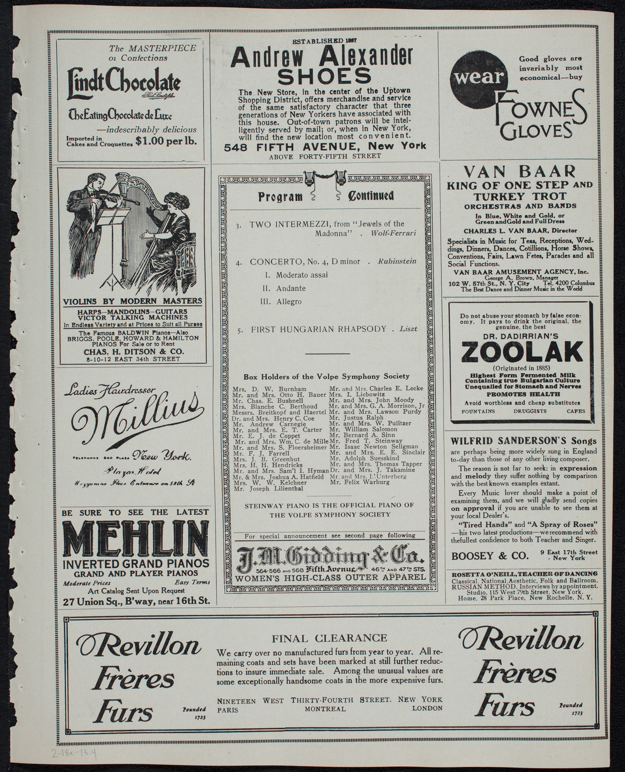 Volpe Symphony Society of New York, February 18, 1913, program page 7