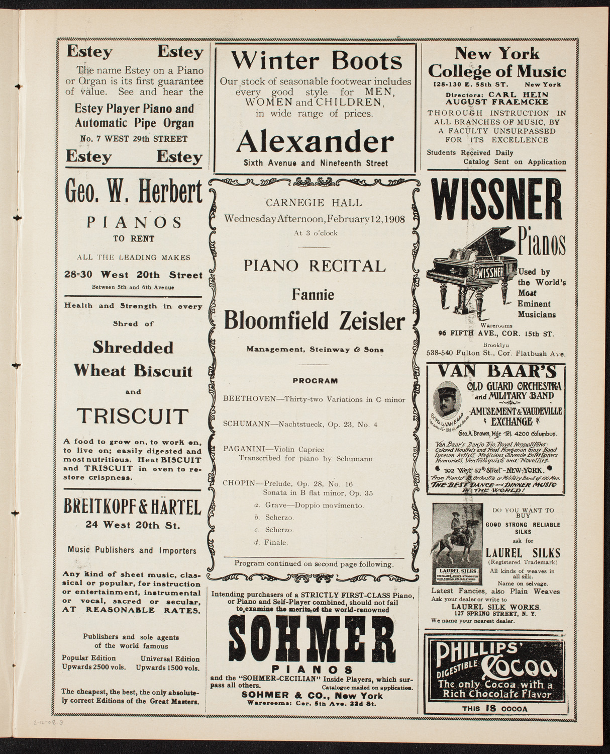 Fannie Bloomfield Zeisler, Piano, February 12, 1908, program page 5