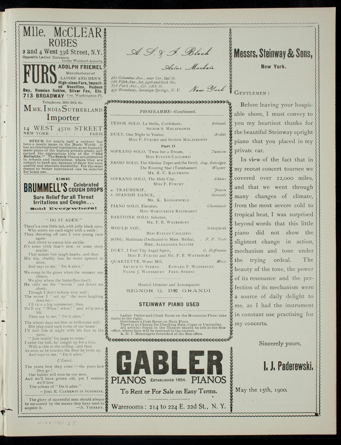 Grand Instrumental and Vocal Concert given by Signor G. De Grandi, April 26, 1901, program page 3