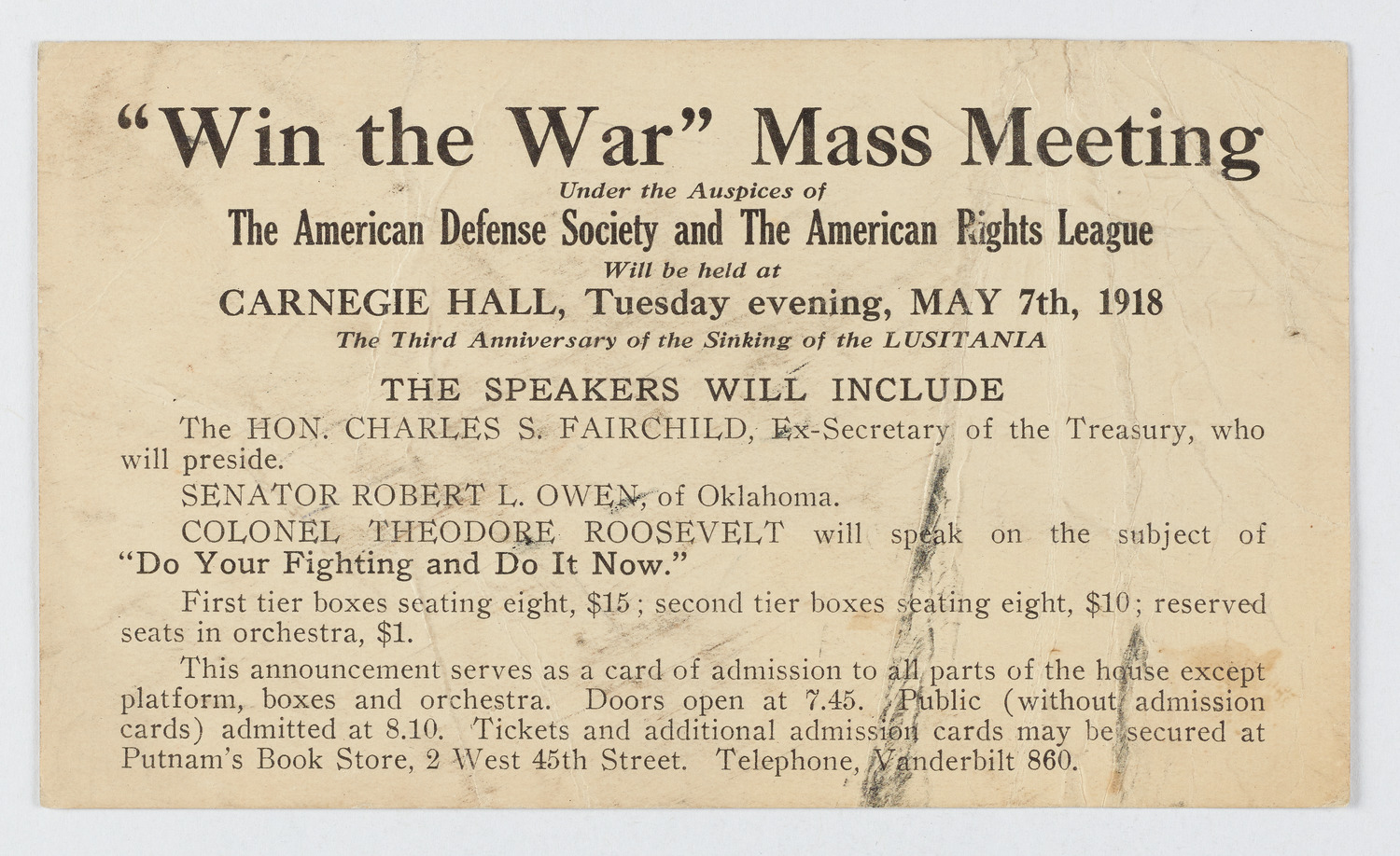 American Defense Society "Win the War" Mass Meeting, May 7, 1918