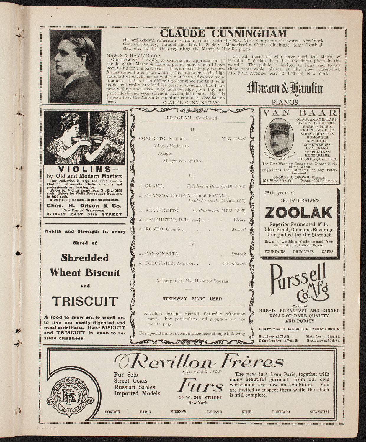 Fritz Kreisler, Violin, October 23, 1909, program page 7