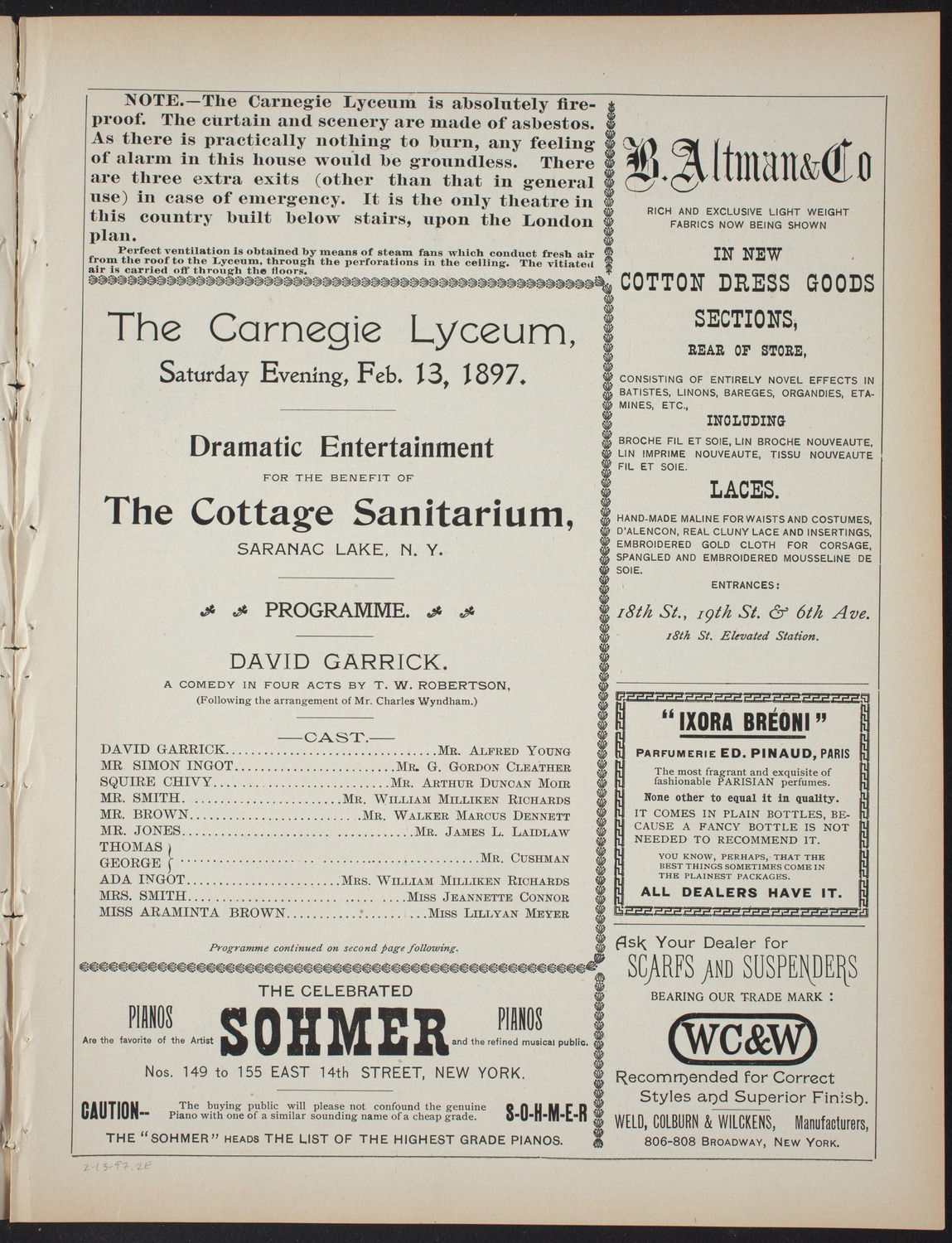 David Garrick: A Comedy in Four Acts, February 13, 1897, program page 3