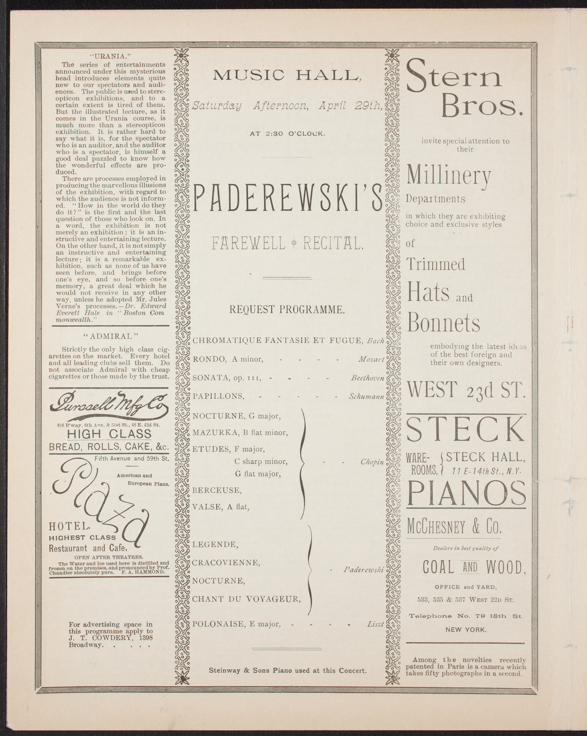 Ignacy Jan Paderewski, Piano, April 29, 1893, program page 4
