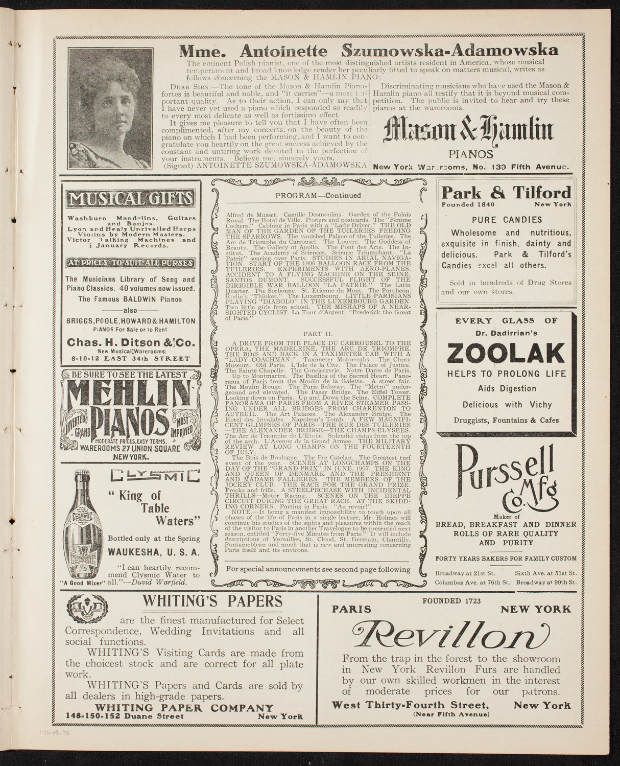 Burton Holmes Travelogue: Paris, January 26, 1908, program page 7