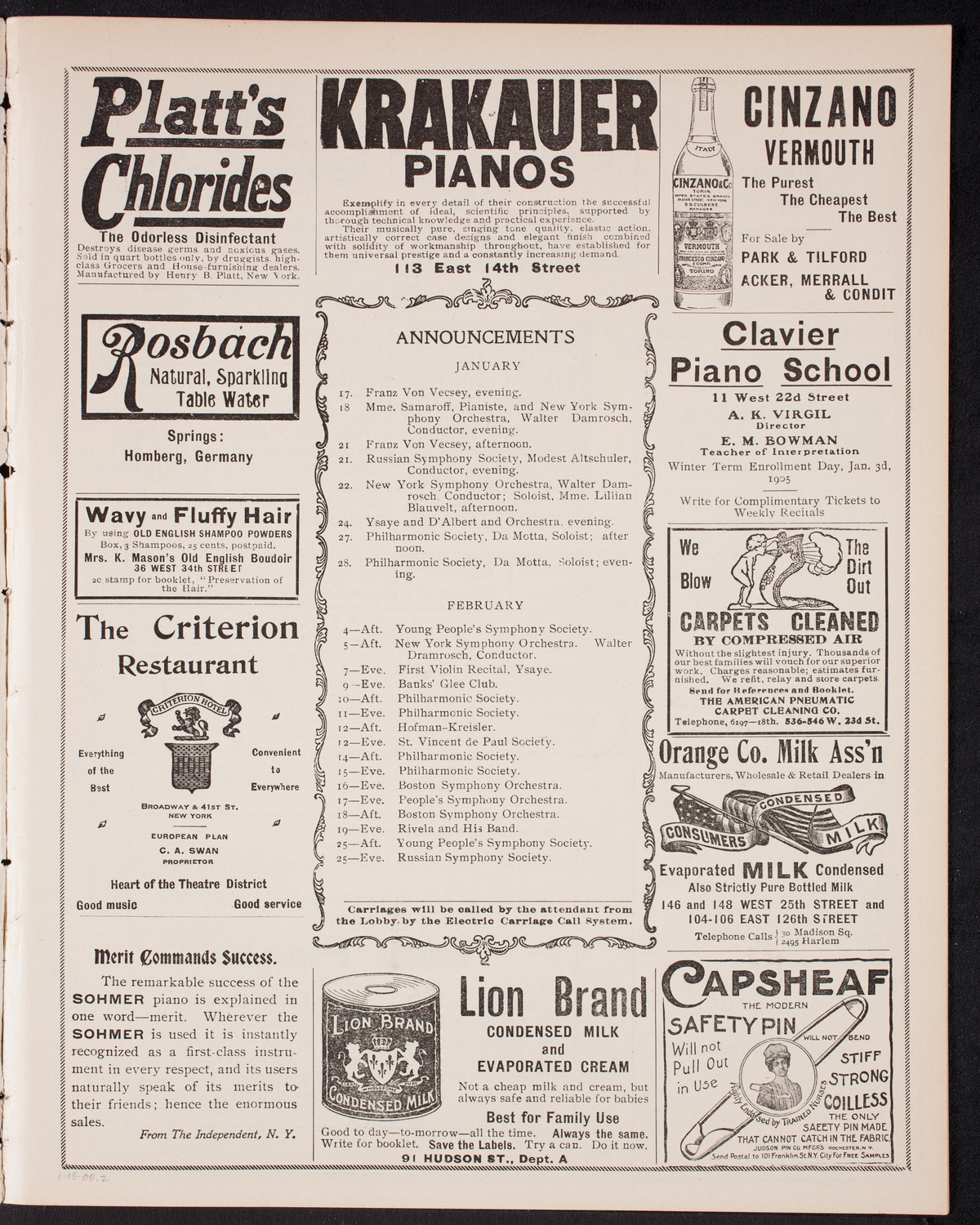 Eugène Ysaÿe, Violin, with the New York Symphony Orchestra, January 15, 1905, program page 3