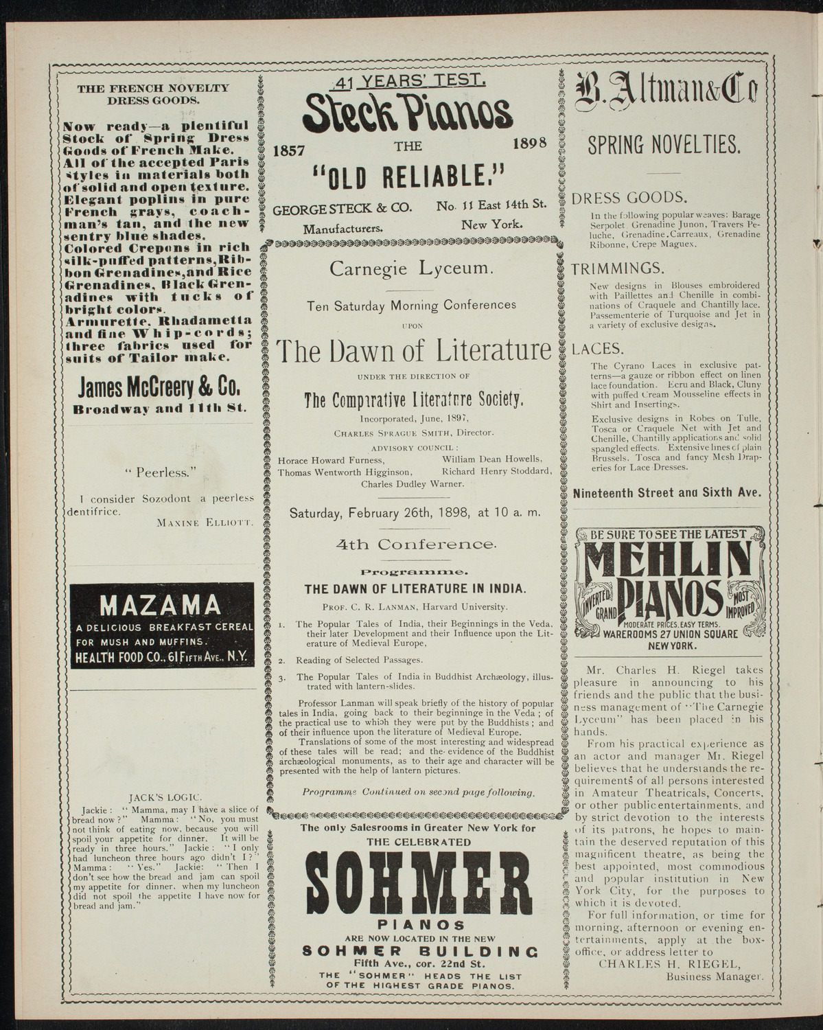 Comparative Literature Society Saturday Morning Conference, February 26, 1898, program page 4