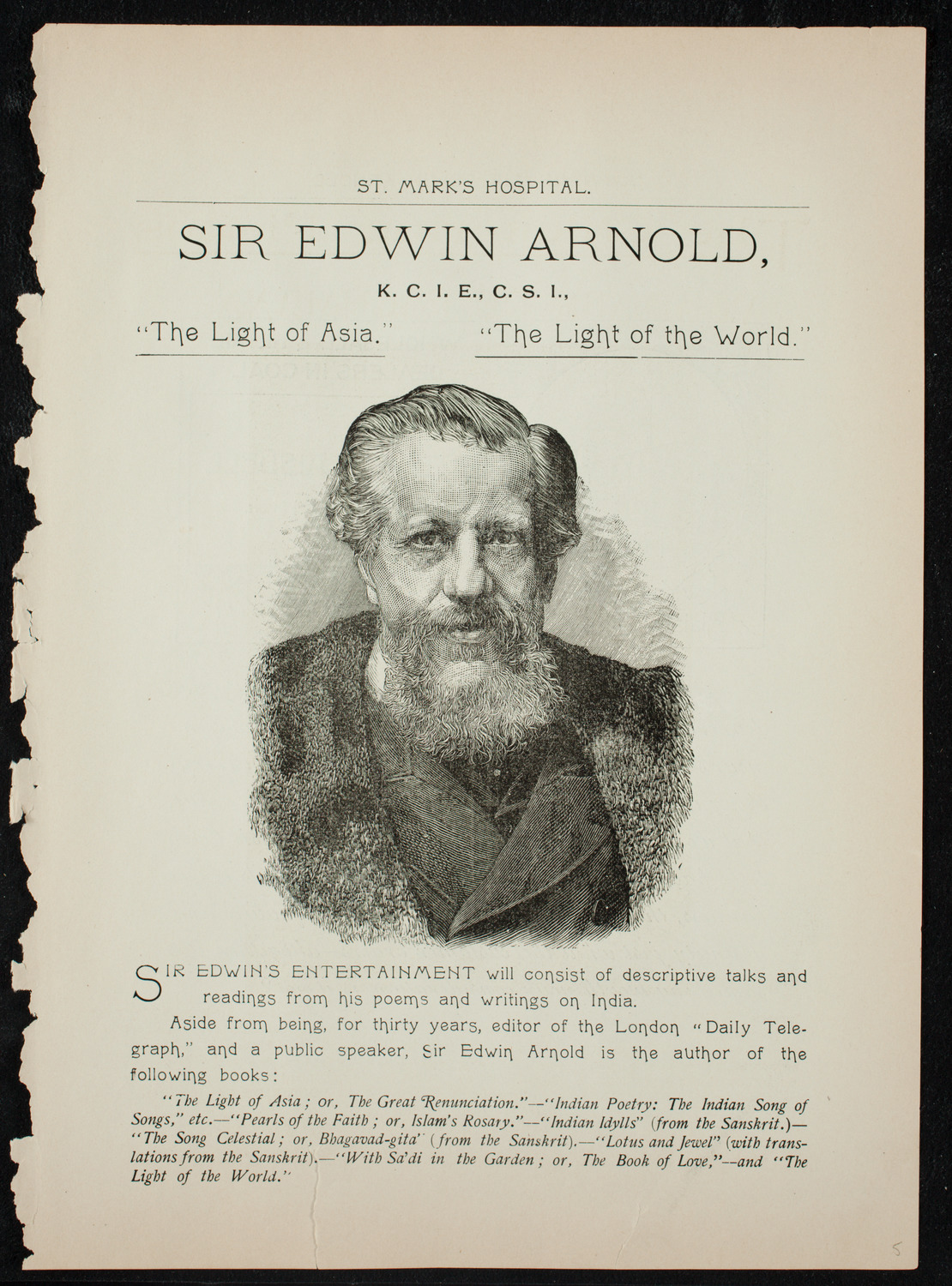 Lecture by Sir Edwin Arnold, November 4, 1891, program page 5