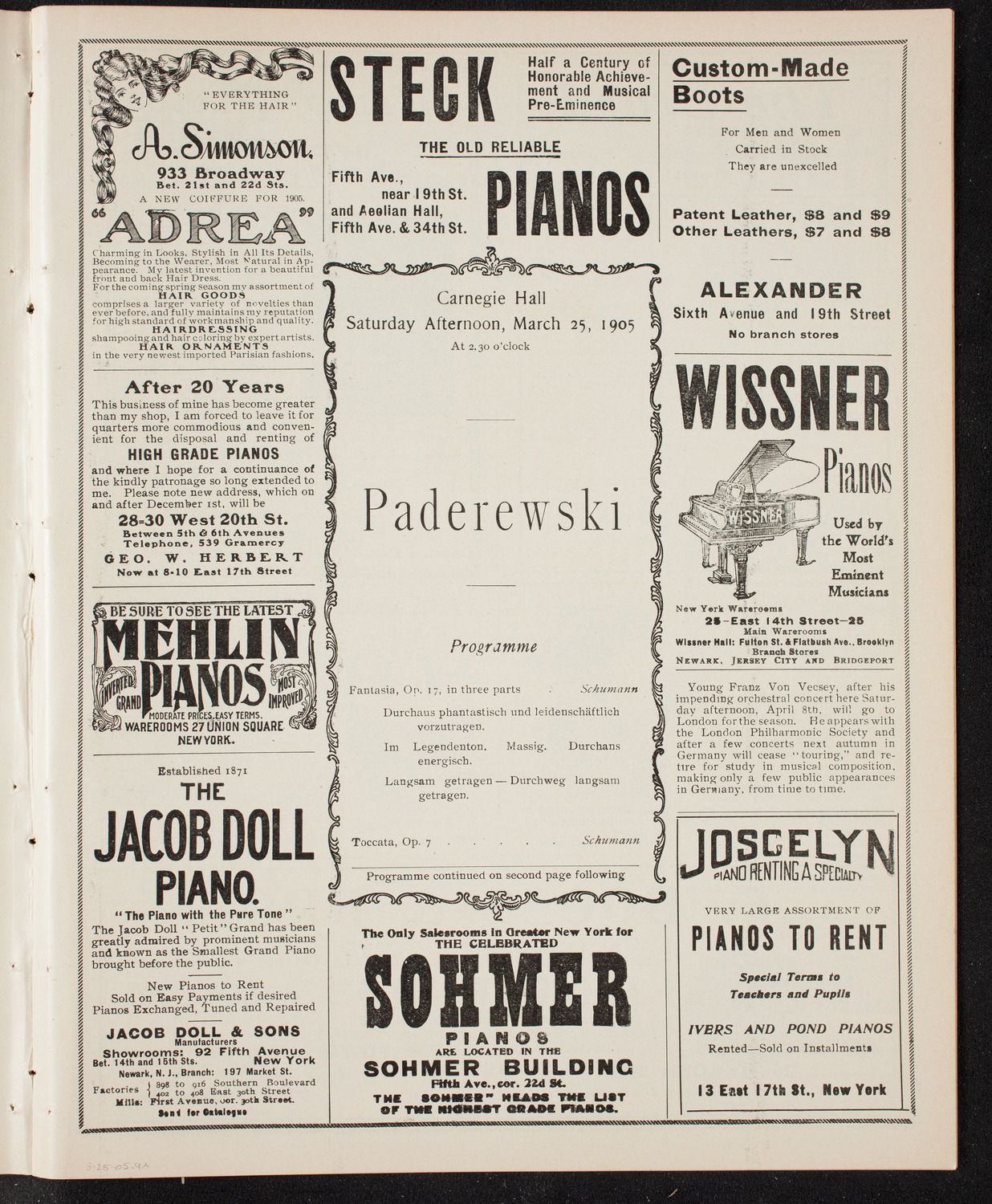 Ignacy Jan Paderewski, Piano, March 25, 1905, program page 5