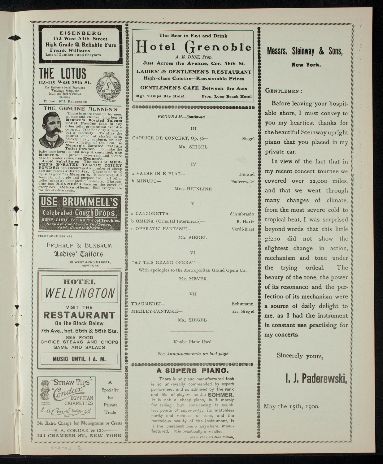 Samuel Siegel and Others, April 2, 1903, program page 3