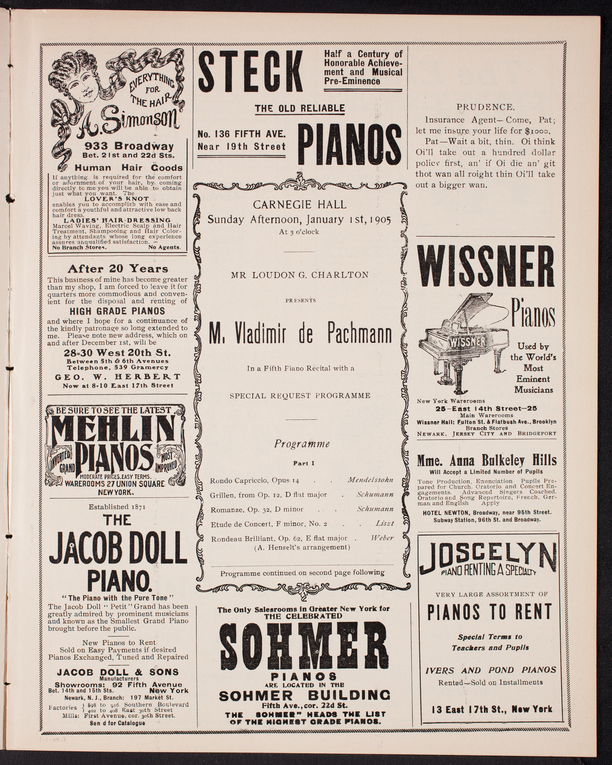 Vladimir de Pachmann, Piano, January 1, 1905, program page 5