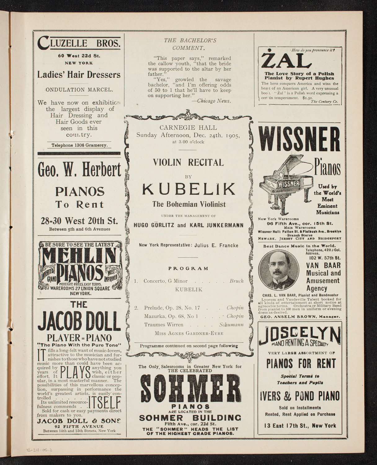 Jan Kubelik, Violin, December 24, 1905, program page 5