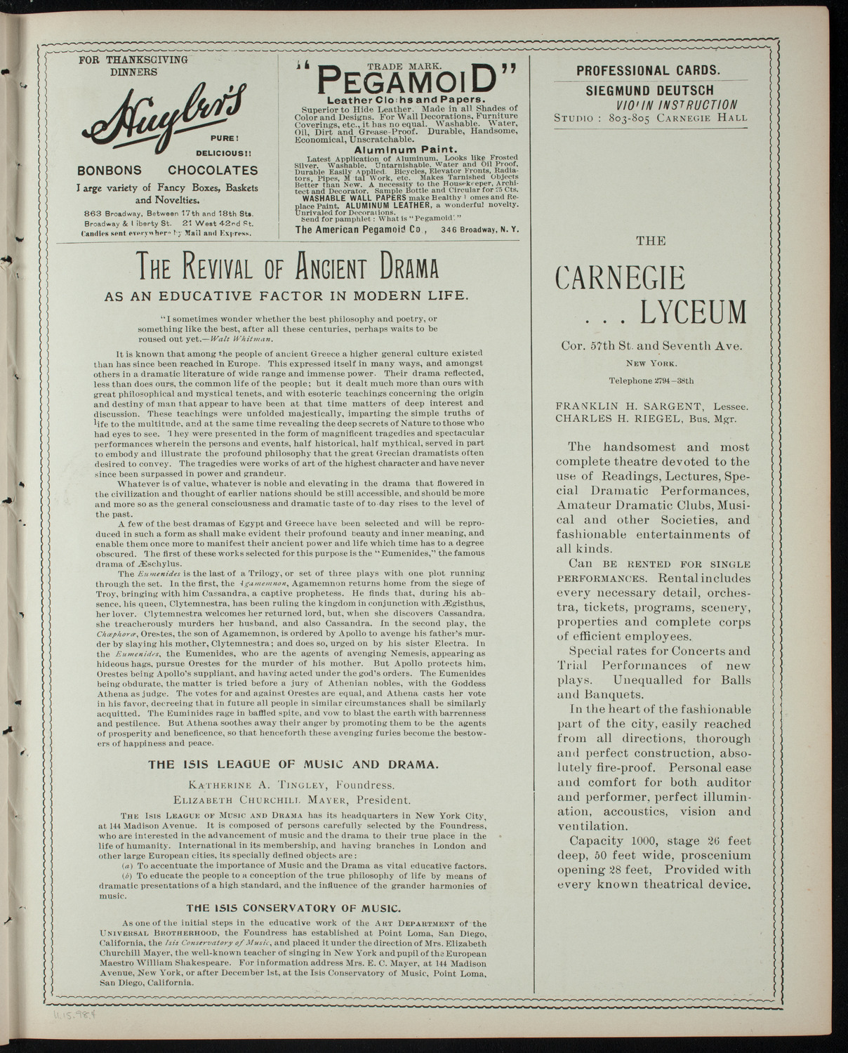 Isis League of Music and Drama Student Production, November 15, 1898, program page 7