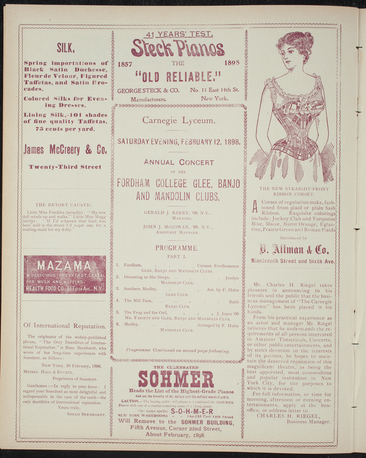 Fordham College Glee, Banjo, and Mandolin Clubs, February 12, 1898, program page 4