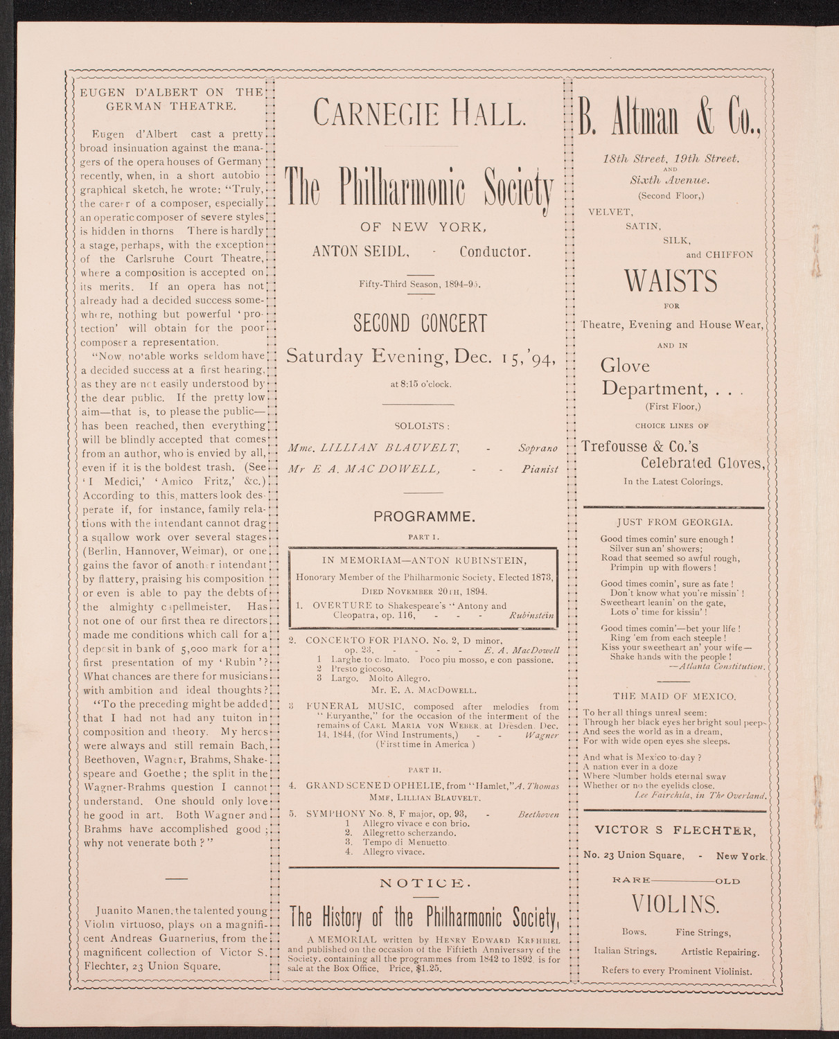 New York Philharmonic, December 15, 1894, program page 4