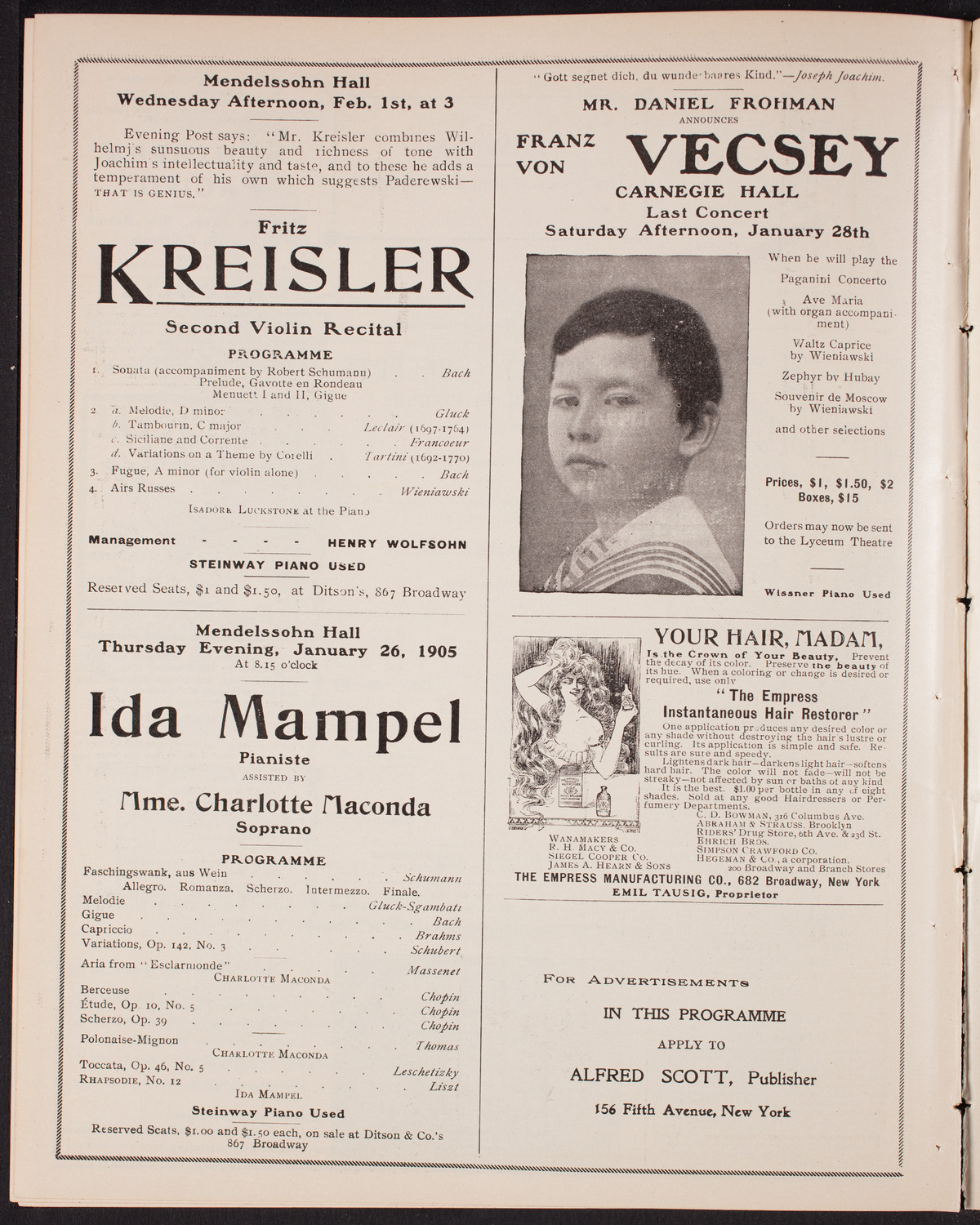 New York Symphony Orchestra, January 22, 1905, program page 10