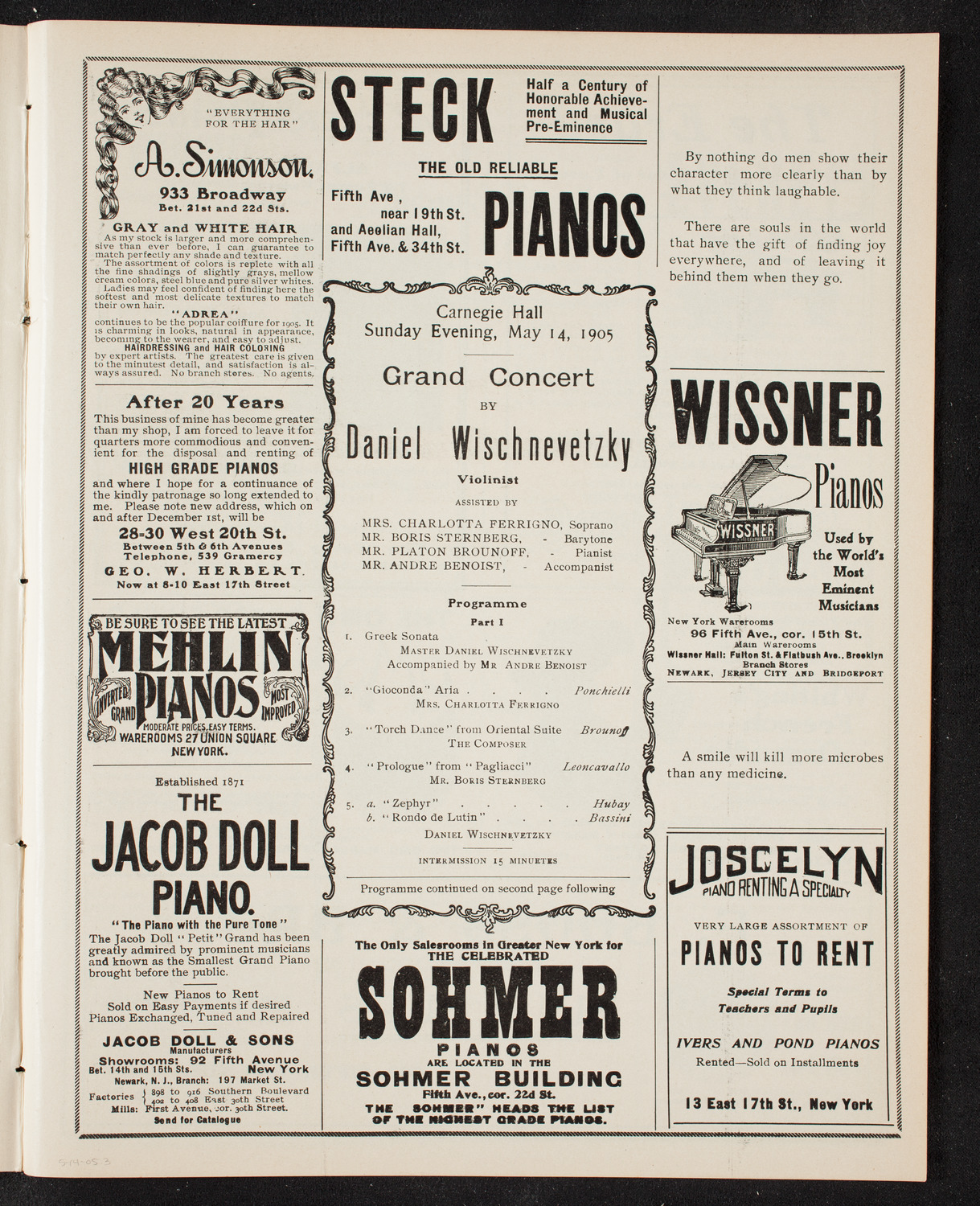 Daniel Wischnevetzky with Others, May 14, 1905, program page 5