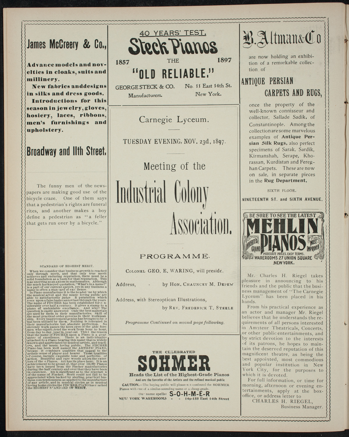 Meeting: Industrial Colony Association, November 23, 1897, program page 4