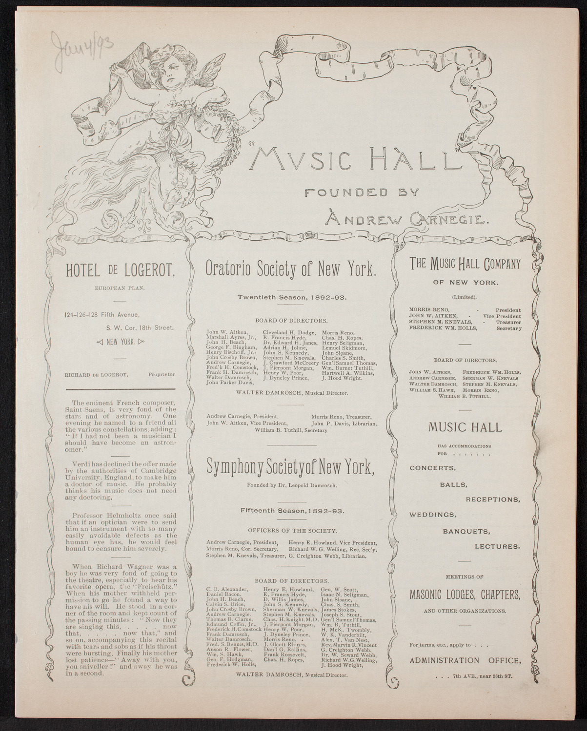 Oratorio Society of New York, January 4, 1893, program page 1
