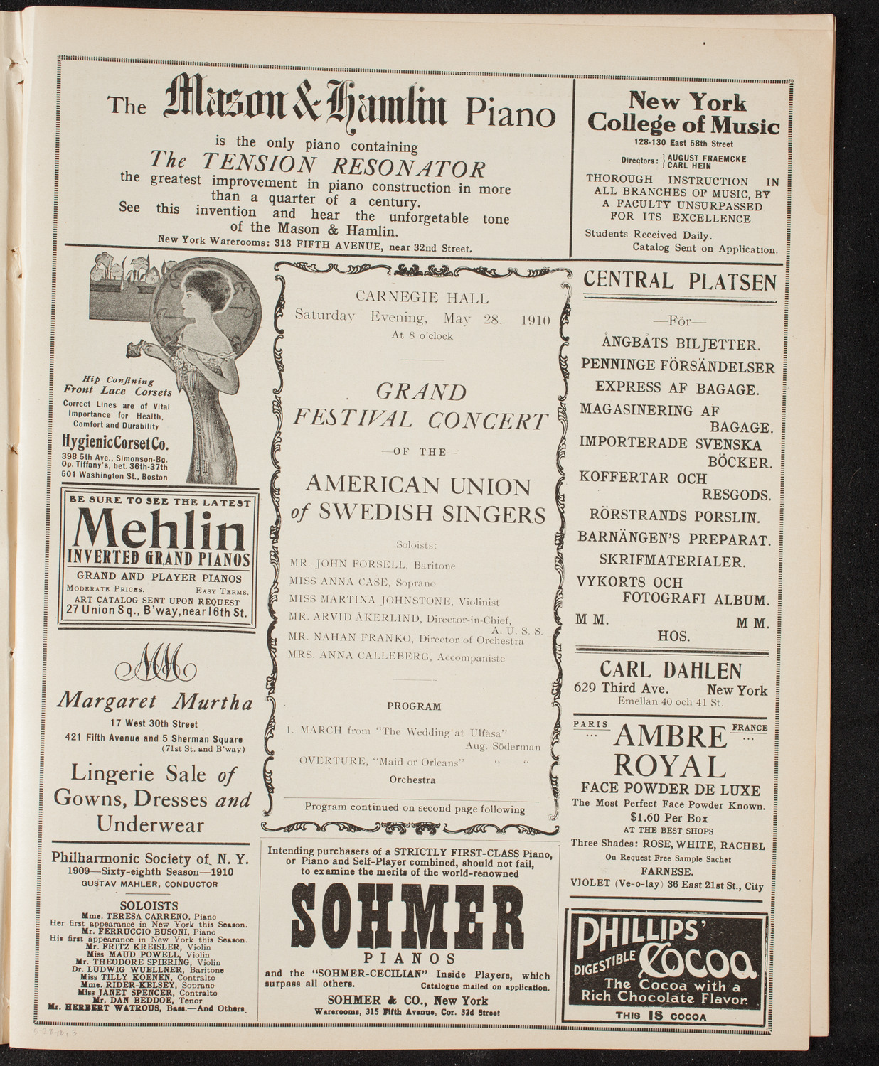 Grand Festival Concert of the American Union of Swedish Singers, May 28, 1910, program page 5