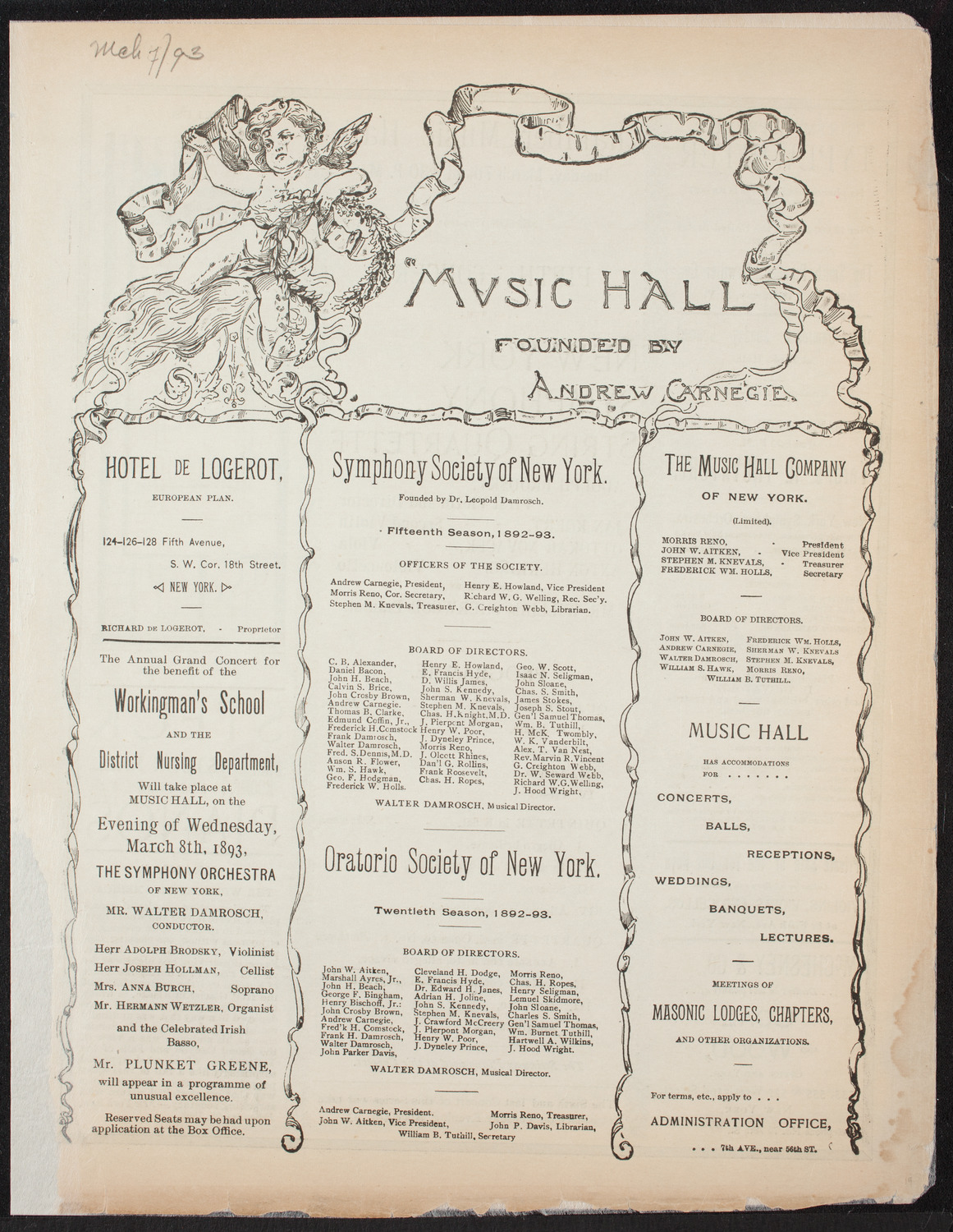 New York Symphony String Quartet, March 7, 1893, program page 1