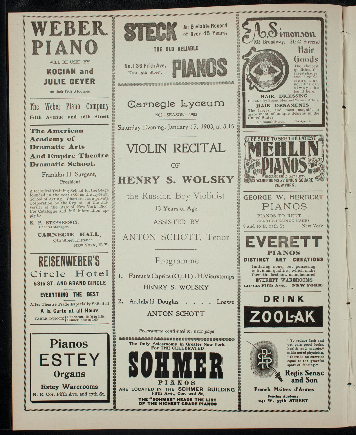 Henry S. Wolksy with Anton Schott, January 17, 1903, program page 2