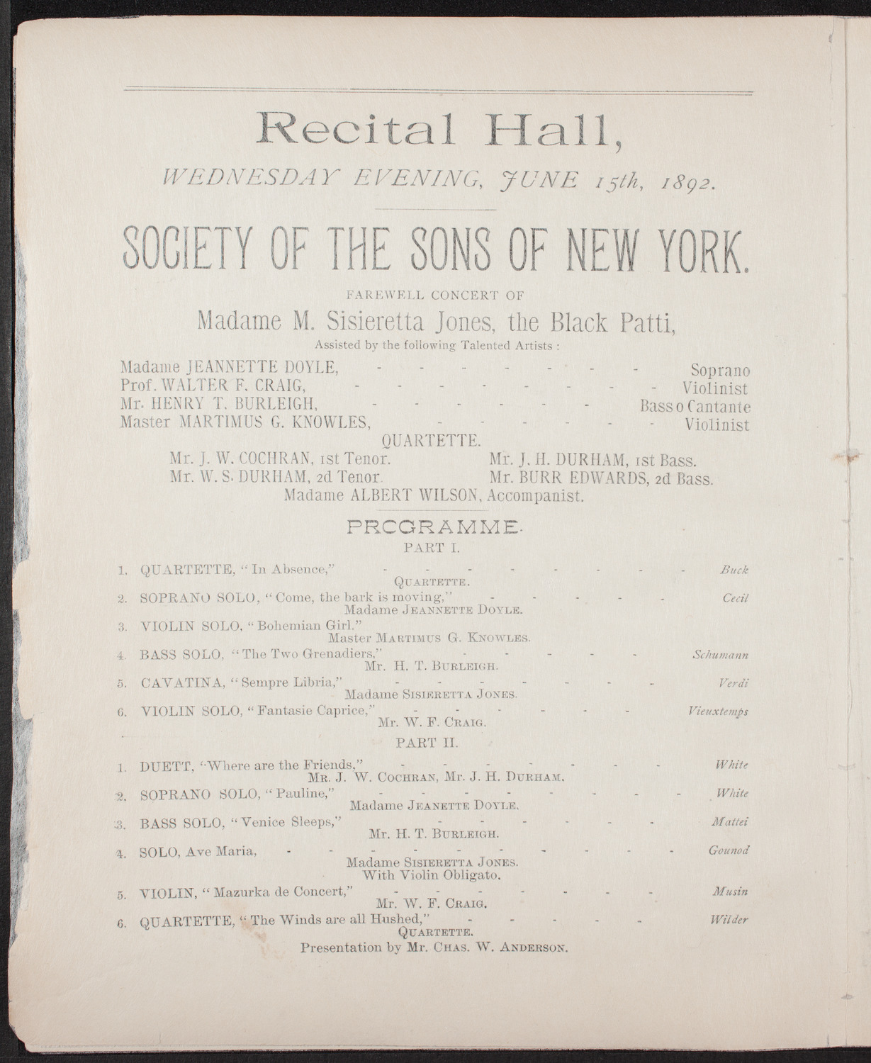 Society of the Sons of New York: Farewell Concert of Sisieretta Jones, the Black Patti, June 15, 1892, program page 3