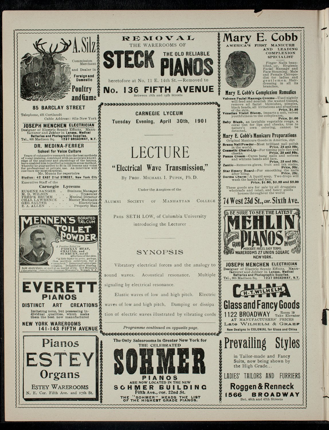 Lecture on Electrical Wave Transmission, April 30, 1901, program page 2