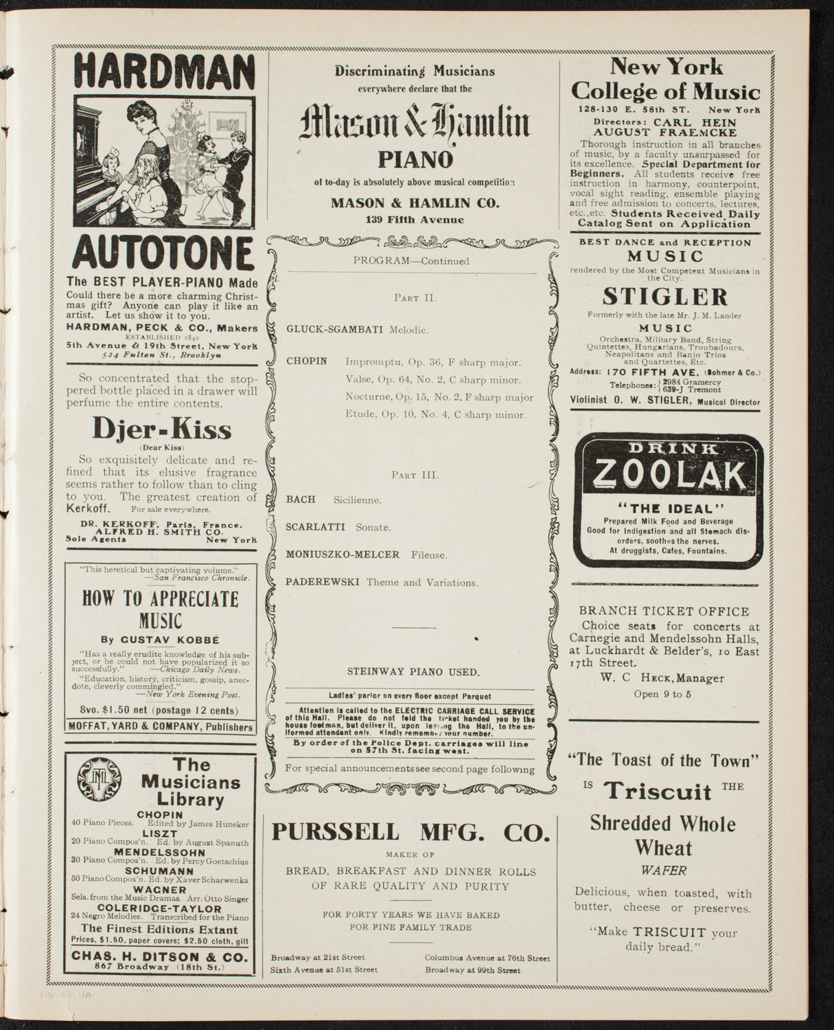 Mieczyslaw Horszowski, Piano, January 6, 1907, program page 7