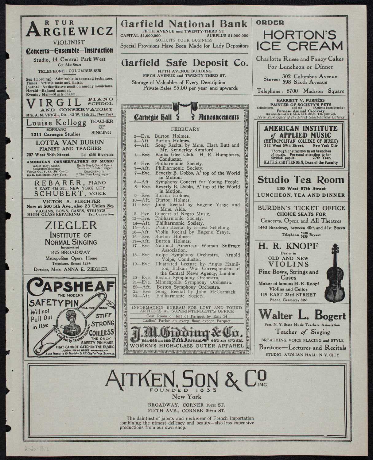 New York Philharmonic, February 2, 1913, program page 3