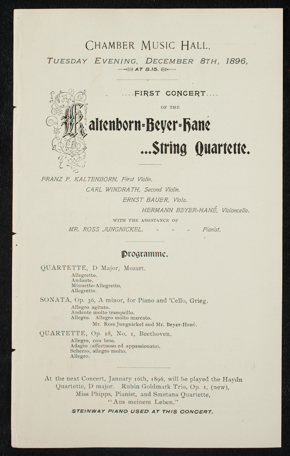 Kaltenborn-Beyer-Hane Quartette, December 8, 1896, program page 1