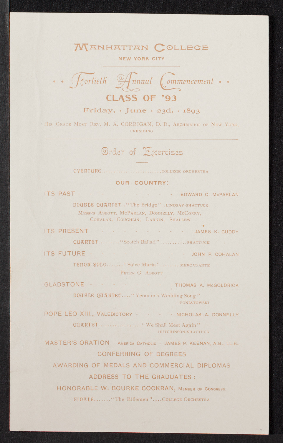 Graduation: Manhattan College, June 23, 1893, program page 1