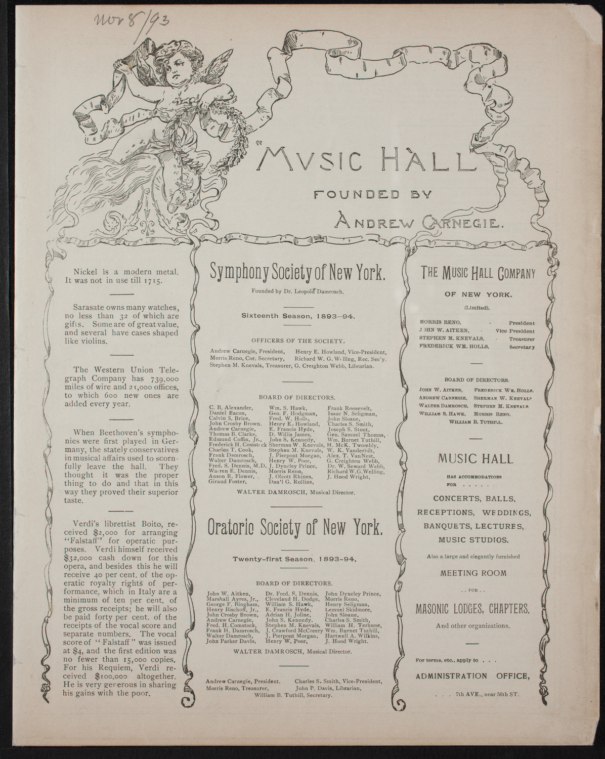 Boston Symphony Orchestra, November 8, 1893, program page 1