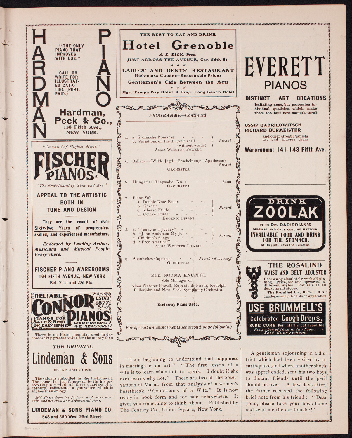 Alma Webster Powell and Eugenio di Pirani with Orchestra, November 7, 1902, program page 7