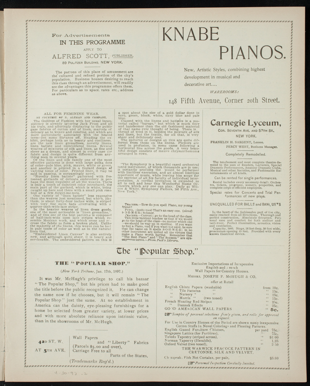 Yale Glee and Banjo Clubs, April 30, 1897, program page 3